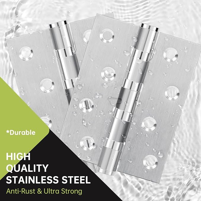 3Pcs Stainless Steel Door Hinges 4 Inch, Heavy Duty Ball Bearing Hinges for Interior Exterior Doors, Square Corner, Max Loading 150LB, Smooth and Quiet, Silver
