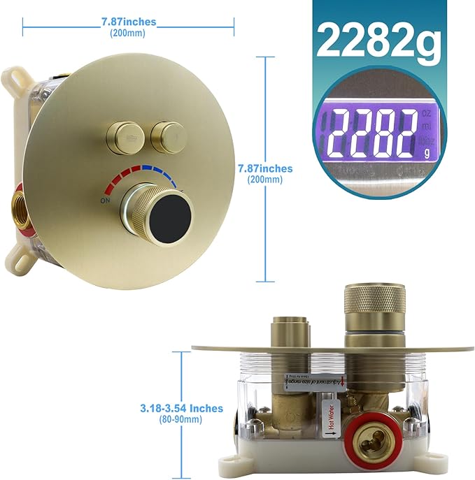 Round Digital Display Shower Valve 2 Way Shower Mixing Valve Concealed Installation Can Use All the Time Brushed Gold
