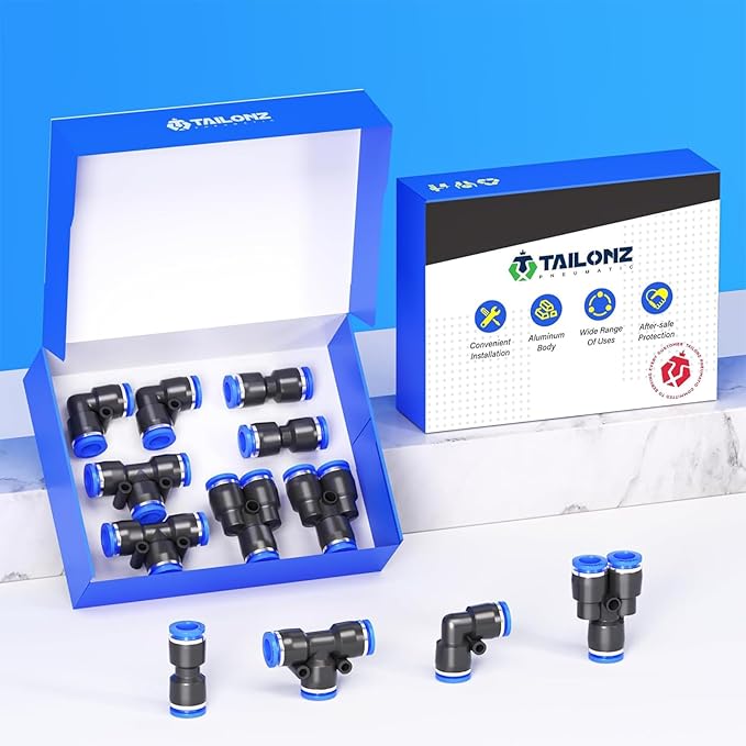 TAILONZ PNEUMATIC 5/16 inch or 8mm od Push to Connect Fittings Pneumatic Fittings Kit 2 Spliters+2 Elbows+2 tee+2 Straight (8 pcs)