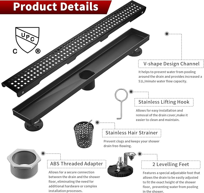 Sharp-tec 24 inch Linear Shower Drain, Black Rectangular Floor Drain, V-Shape Design Drain Channel, 304 Stainless Steel, cUPC Certificated for Bathroom Shower (Drain Base is Not Included)