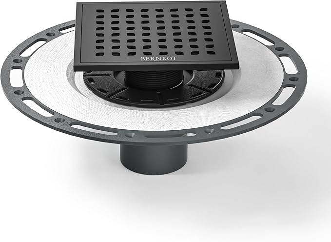 Square Shower Drain, 6" Matte Black with PVC Bonding Flange Base 304 Stainless Steel Drain Grate Removable with Stainless Drain Key for Low Profile Shower Tiles, CUPC Certified