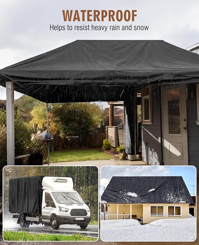 HIRALIY 20 Mil Heavy Duty Waterproof Tarp, 20x20ft Black Tarpaulin with Reinforced Webbing Loops, Multipurpose Oxford Fabric Tarp for Firewood, Roof, Camping, Pool