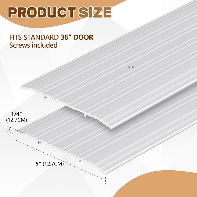 Tandefio 2 Pcs 6 x 1/4 x 36 Inches Door Saddle Threshold for Doorway Interior Sturdy Aluminum Commercial Fluted Saddle Door Threshold Durable and Sleek Doorway Entryway Access Draft Protection, Silver