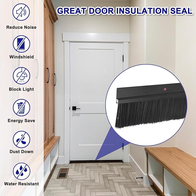 uxcell 2Pcs Door Brush Bottom Sweep H-Shape Aluminum Alloy Base with 1.6-inch PP Brush for Home, Industrial (47-inch L, Black)