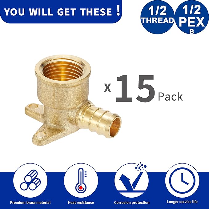 (15 Pack) Lidertik 1/2 Drop Ear Elbow PEX Adapter, 1/2" PEX-B F1807 to 1/2" NPT Female Threaded Adapter Brass