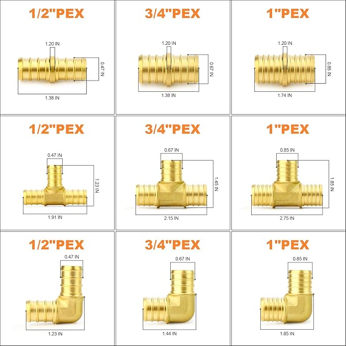 GASHER 18Pcs No Lead Brass Pex Fittings Set 1/2",3/4",1" PEX Elbow, Tee and Coupling for Pex Tubing