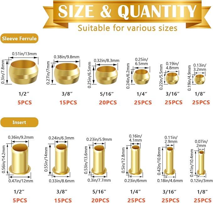 230PCS 6 Sizes Brass Compression Fittings Assortment kit- 1/2", 3/8", 5/16", 1/4", 3/16", 1/8" Insert, Sleeve Ferrule for Connecting air, Fuel, Water, Oil and inert Gases Lines