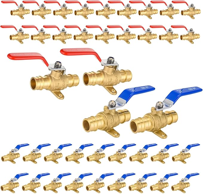 40-Pack Foskan Brass PEX-A Expansion Drop Ear Full Port Ball Valve, 1" Shut-off Valve for Hot and Cold Water Distribution(Blue and Red)