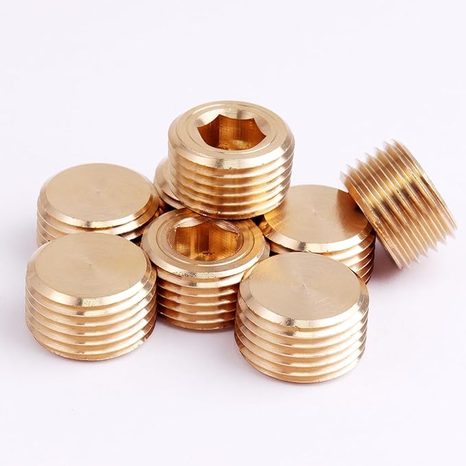8PCS Brass Pipe Plug Fitting 1/2" NPT Male Plug Hex Counter Sunk Plugs,Internal Hex Thread Socket Pipe Plugs Kit