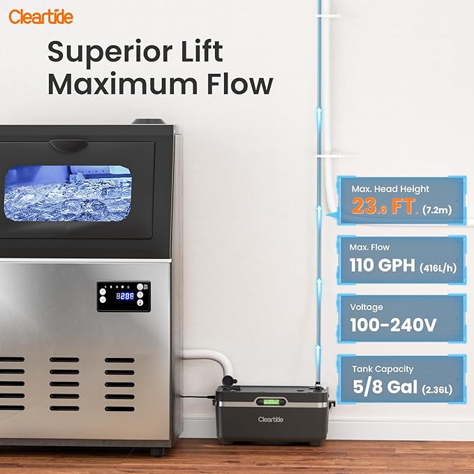 Cleartide Condensate HVAC Pump, Ultra-Quiet 25dB, 1/30 HP 135 GPH, 100-240V, Automatic Condensate Removal Pump with Safety Switch and Tubing for Air Conditioner/Furnace/Dehumidifier/Ice Machine