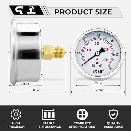 0-60 Psi Glycerin Liquid Filled Low Pressure Gauge, 2.5" Dial Size, 1/4" NPT Back Mount, 304 Stainless Steel Case, for Water Pipe, HVAC, Water Oil Air Pressure Test