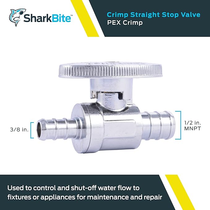 SharkBite 1/2 Inch x 3/8 Inch Crimp Multi-Turn Straight Stop, Brass Plumbing Fitting, PEX Pipe, PE-RT, 23062LF