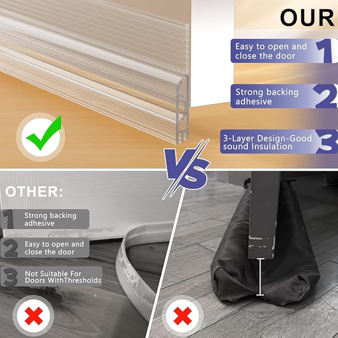 Door Draft Stopper,Adjustable Door Sweep for Bottom of Door,Silicone Weather Stripping Door Bottom Seal Blocker Air Noise,Under Door Gap Filler for Interior/Exterior Doors(Transparent, 78inch)