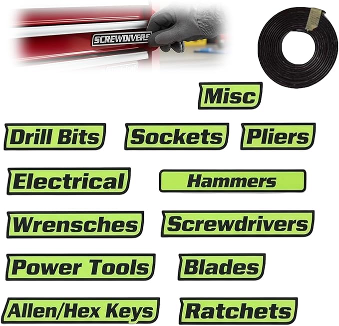 Magnetic Tool Box Labels, 12 Pack of Magnetic Toolbox Labels, Reusable Tags for Steel Toolboxes, Carts, Drawers, and Cabinets,Suitable for Mechanics (Green)