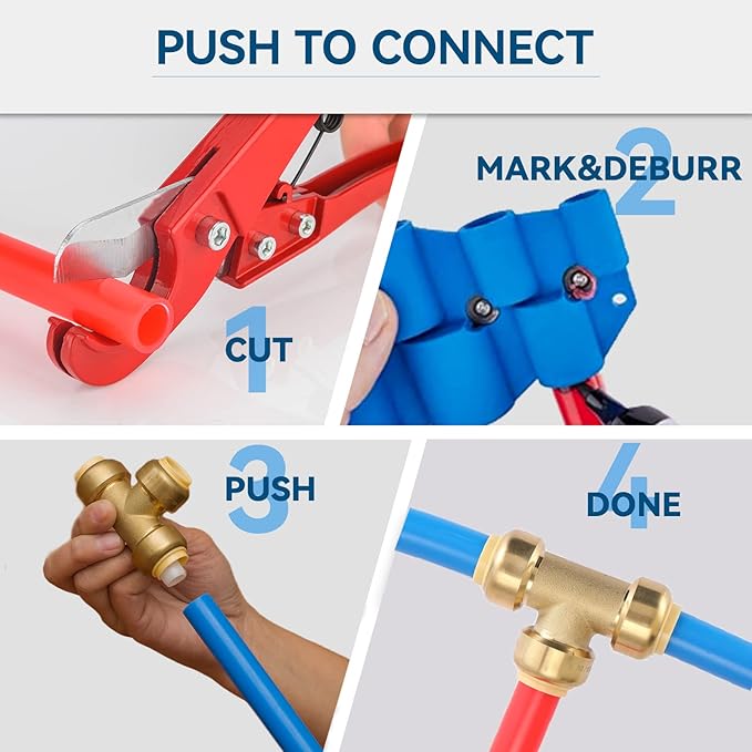 1/2" Pushfit Tee,6 Pack PEX Brass Push-fit Tee with 1 Pack Disconnect Clip, Push-to-Connect Plumbing Fittings for PEX, Copper, CPVC(PF118-6Pack)