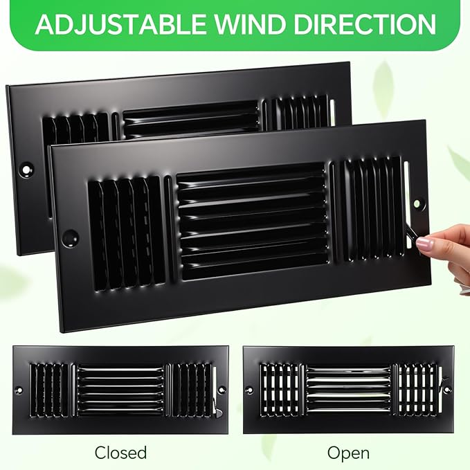 VIHOSE 3 Pcs Vent Covers HVAC Sidewall Air Ceiling Register 3 Way Vents for Wall Solid Steel Manual Adjuster for Bathroom Toilet Home Office (12 x 4 Inches,Black)