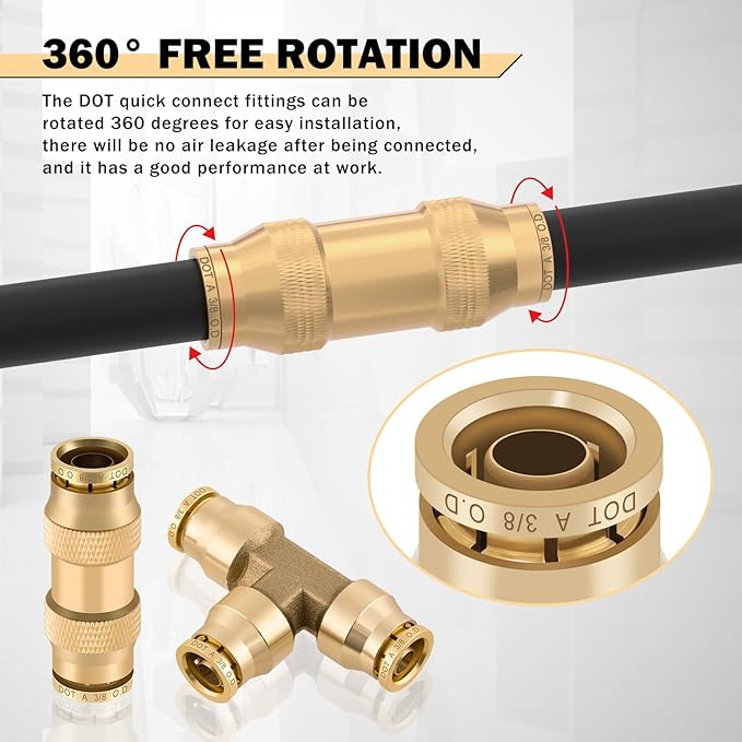 CheeMuii 35 PCS Brass DOT Air Line Fittings Kit 1/4 3/8 1/2 DOT Quick Connect Air Fittings Straight & Tee Union Push to Connect Air Hose Fittings for Semi Truck Trailers Air Brake System