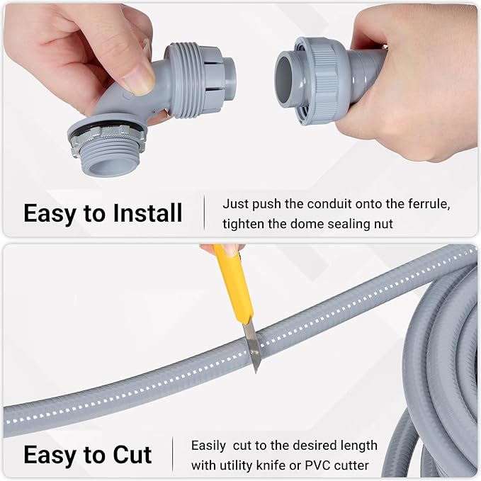 3/4 Inch 50FT Liquid Tight Conduit and Connector Kit, Flexible Non Metallic Electrical Conduit, with 5 Straight and 5 Angle Fittings, Suitable for Outdoor Lighting