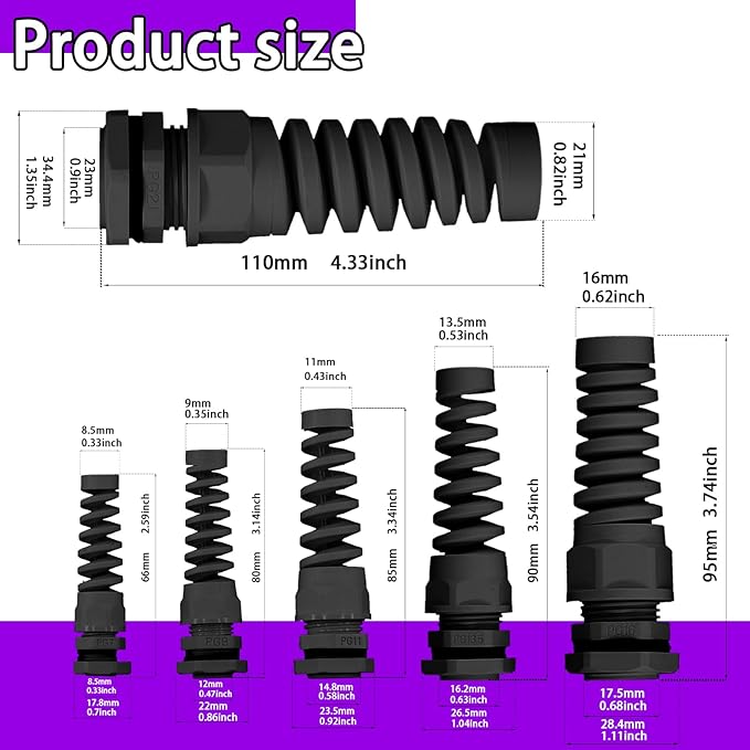 Swpeet 22Pcs 6 Sizes 3mm-18mm Waterproof Cable Gland Conduit Fittings with Gasket, Flex Spiral Strain Relief Black Nylon Pigtail Cord Joint Cord Connector Adjustable Locknut for Cable Wire