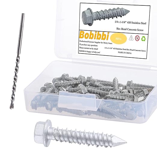 1/4 x 1-1/4" 410 Stainless Steel Hex Head Tapcon Concrete Screw Anchor, for Anchoring to Masonry, Block or Brick (50Pcs/Box)
