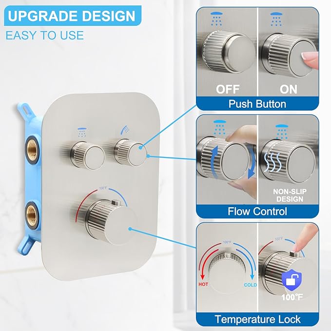 Thermostatic Shower Valve Shower Diverter 2 Way Shower Valve with Temperature Control Shower Mixing Adjustable Flow Diverter（Brushed Nickel）