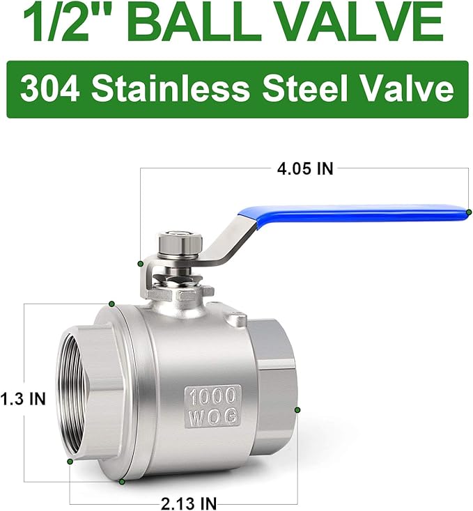TAISHER 2 PCS 1/2 Inch FNPT Heavy Duty Full Porat Ball Valve 304 Stainless Steel with Blue Handles