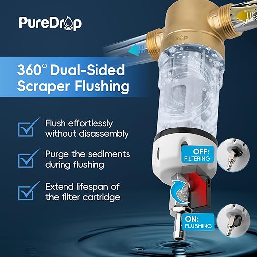 PDR-100WSP Spin Down Sediment Filter, Reusable Whole House Sediment Water Filter for Well Water, 100-Micron Flushable Prefilter Filtration System with Scraper, 1" MNPT + 3/4" FNPT