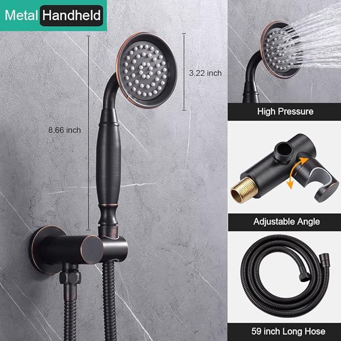 Antique Shower Faucet-Sets Fixtures: 9 inch Ceiling Rain Head with Handheld Spray and Body Jets, 3 Way Diverter Rough in Valve System included Trim Kit, Oil Rubbed Bronze