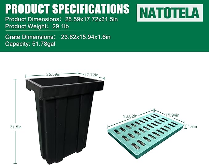 Catch Basin for Drainage with Fiber Glass Grate-26x18x32 in. Large Drainage Basin with Debris Basket,A15 French Drain Basin Without Reserved Hole for Yard,Downspout,Lawn,Municipal Pipeline