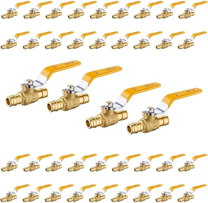 40-Pack Foskan 3/4" Brass PEX-A Ball Valve with Yellow Handle, Quarter Turn Full Port Valve for PEX-A Pipe Connection