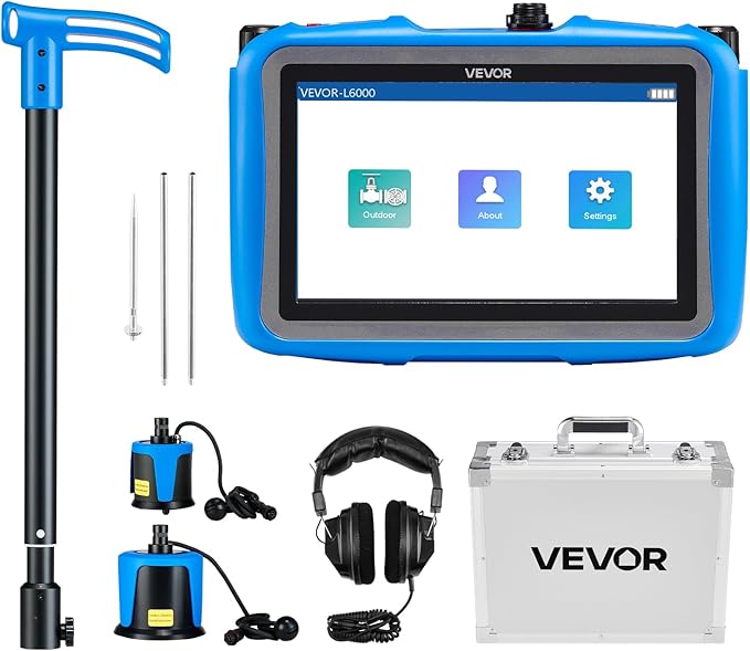 VEVOR Pipe Water Leak Detector for Outdoors, 1Hz-10000Hz, 7" Touchscreen Leakage Detection Locator for 16.4FT (5m) Underground Plumbing - with Medium & Large Sensor, 3 Listening Rods, Headphone & Case
