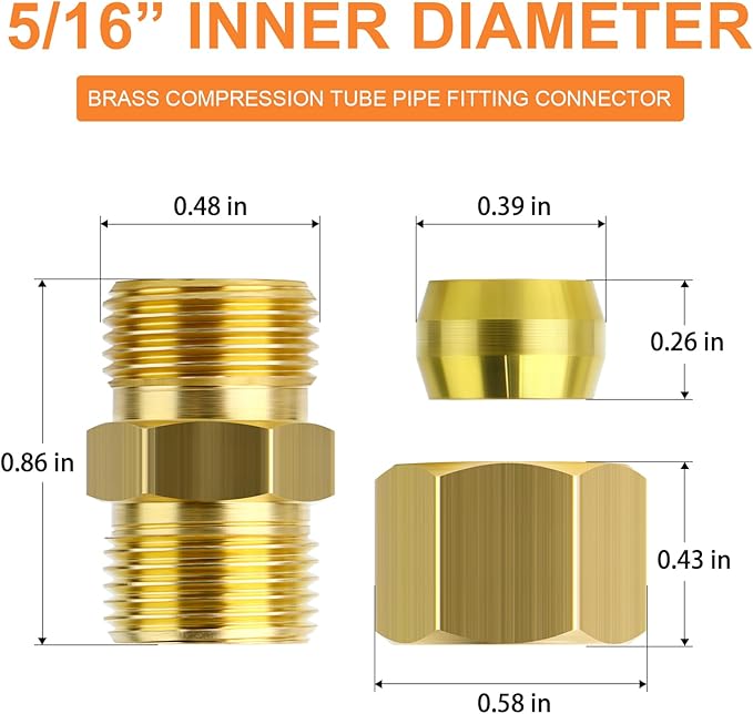 GASHER 20PCS Brass Compression Tube Pipe Fitting Connector, 5/16" Tube OD x 5/16" Tube OD Connector