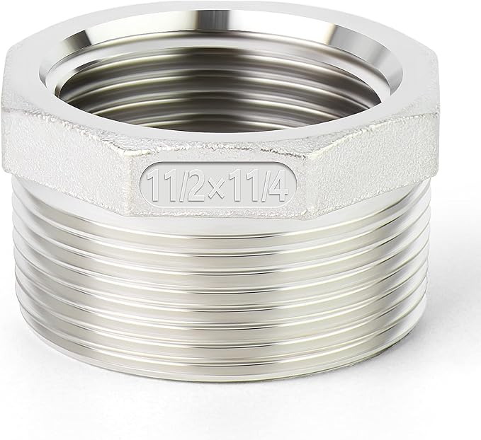TAISHER 2PCS 304 Stainless Steel Reducer Hex Bushing, 1-1/2" NPT Male x 1-1/4" NPT Female, Reducing Pipe Adapter Fitting