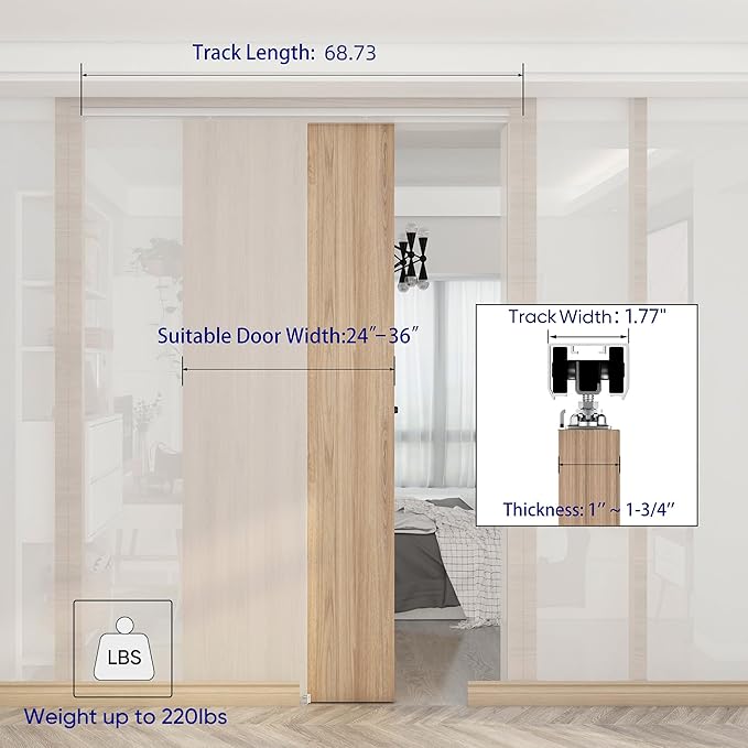 JUBEST 6FT Commercial Grade Pocket Door Hardware and Track Set, Sliding Door Hardware 68.7'', Durable and Smoothly, Easy to Install