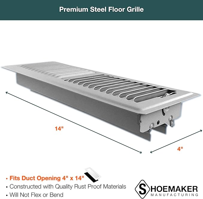 Shoemaker 4x14 Floor Register – Cement Gray Heavy Duty Metal Floor Vent Cover for Home Floors - Premium Forced Air Vent Covers