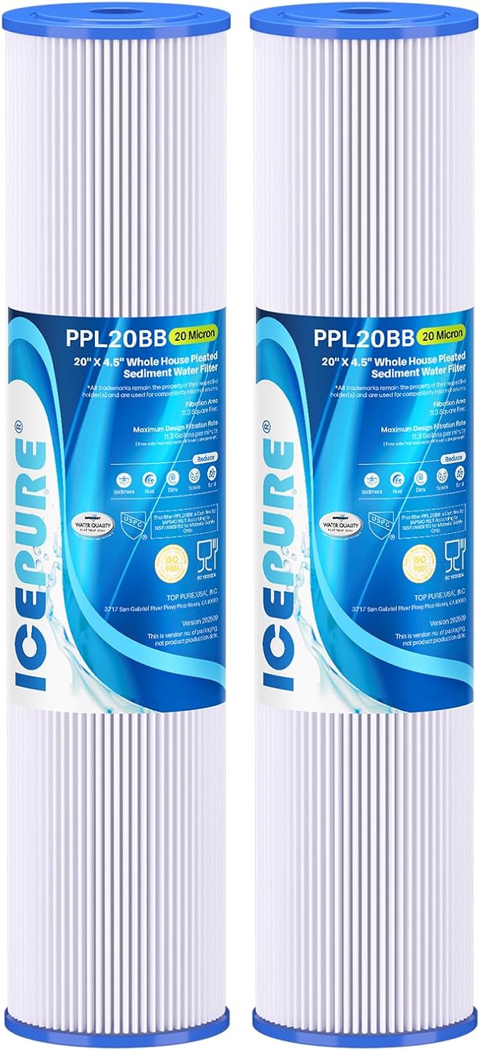 ICEPURE 20 Micron 20" x 4.5" Whole House Pleated Sediment Filter for Well Water, Remove Rust, Chlorine, Replacement Cartridge for ECP5-BB, AP810-2, HDC3001, SPC-45-1005 CP5-BB ECP1-20BB S1-20BB, 2PACK