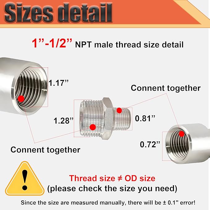 1” Male x 1/2" Male NPT Threaded Reducing Nipple Pipe Fitting Adapter, Heavy Duty 304 Stainless Steel Hex Nipple Reducer Straight Connector Pipe Adapter (1”-1/2”)