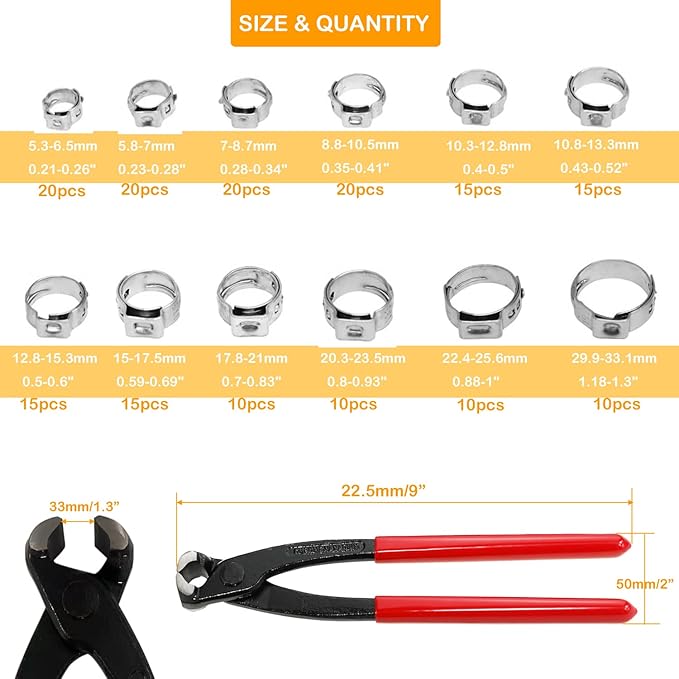 AKIHISA 180 PCS Single Ear Hose Clamps, 12 Sizes 5.3-33.1mm Crimp Hose Clamps with Ear Clamps Pincer, 304 Stainless Steel Crimp Pinch Fitting Tools Kit