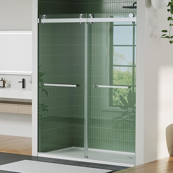 Frameless Double Sliding Shower Door - 56 to 60 Inch Adjustable Width x 74 Inch Height, 1/4" (6mm) Clear Tempered Glass with Easy-Clean, Space-Saving Bypass Design, Brushed Nickel Finish for Bathroom