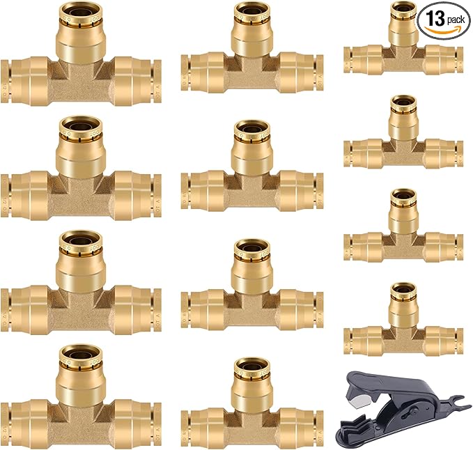 CheeMuii 13 PCS Brass DOT Air Line Fittings Kit 1/4 3/8 1/2 DOT Quick Connect Air Fittings Tee Union Push to Connect Air Hose Fittings for Semi Truck Trailers Air Brake System