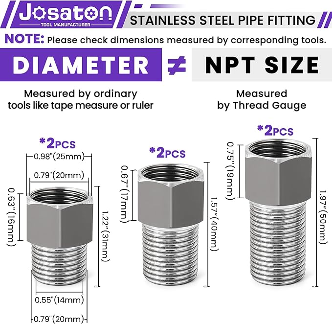 1/2" Male to 1/2" Female Pipe Extension Fitting, Josaton Stainless Steel Pipe Connector Fitting Hex Bushing Adapter for Tub Spout/Shower with Black Gaskets & Sealing Tape, 30MM/ 40MM/ 50MM Length