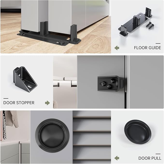 EaseLife 6FT/72in Bypass Double-closing Closet Door Hardware Kit, Aluminum, Wardrobe Bypassing System, Slides Quietly, Easy Install, Black