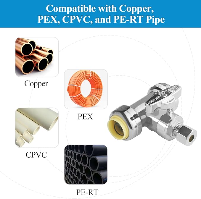 WiseWater Tee Stop Valves 1/2" Push x 1/2" Push x 3/8" O.D Push Fit Valve with Disconnect Clip, 1/4 Turn Chrome Plated Brass Water Shut Off Valve for Copper, PEX, CPVC Pipe (2 Pack)