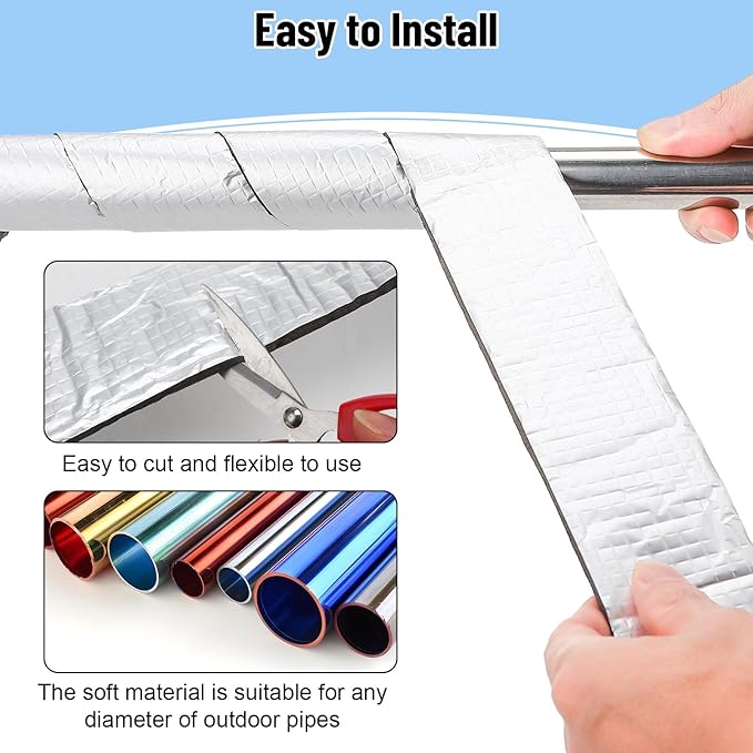 2Pcs Pipe Insulation Wrap 2" Wide X 33 Ft Water Pipe Foam Insulation Tape Self Adhesive Aluminum Foil Insulation Wrap for Outdoor Winter Cold Hot Water Pipes