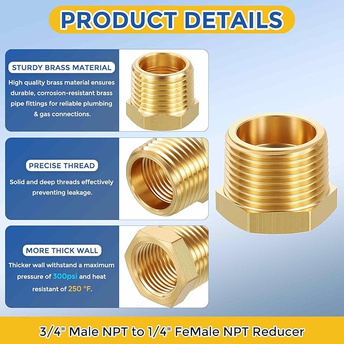 5 Pack Brass Pipe Fittings, 3/4" Male NPT to 1/4" FeMale NPT Brass Hex Bushing Reducer, Hose Tube Threaded Adapter for Air, Oil, LP