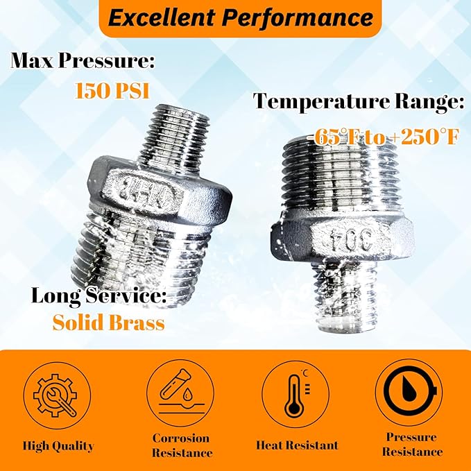 2pcs 3/4" NPT x 1/4" NPT Stainless Steel Nipple, 3/4 to 1/4 Adapter Fitting Reducing Solid Hex Stainless Steel Nipple, Male Reducer for Extending and Connecting Pipes