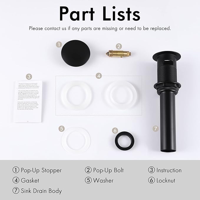 KES Bathroom Sink Drain with Overflow, Pop Up Drain Sink Stopper Matte Black, All Metal Brass and SUS304 Stainless Steel, S2008S62A-BK