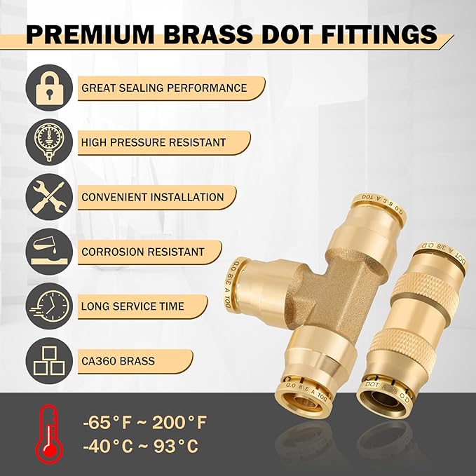 CheeMuii 35 PCS Brass DOT Air Line Fittings Kit 1/4 3/8 1/2 DOT Quick Connect Air Fittings Straight & Tee Union Push to Connect Air Hose Fittings for Semi Truck Trailers Air Brake System