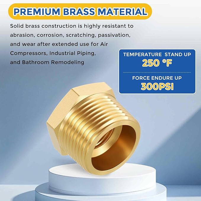 5 Pack Brass Pipe Fittings, 3/4" Male NPT to 3/8" FeMale NPT Brass Hex Bushing Reducer, Hose Tube Threaded Adapter for Air, Oil, LP