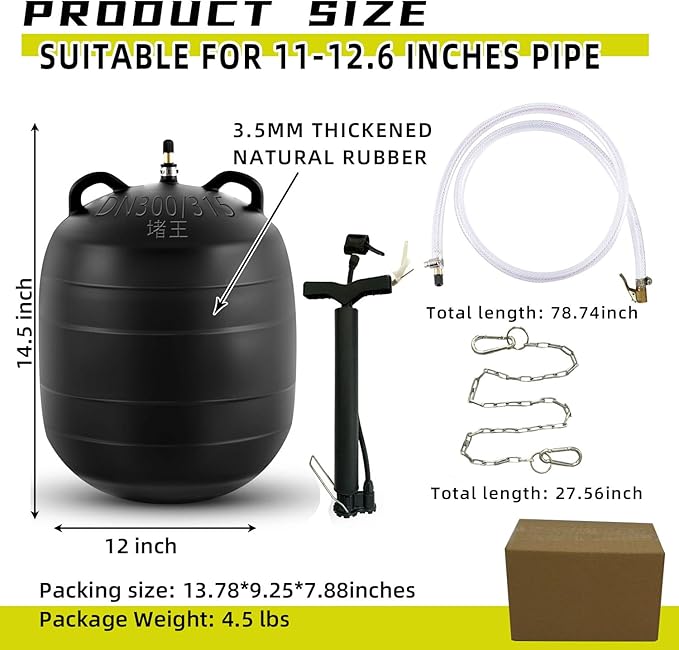 Test-Ball Pipeline Plugging Air Bag,Sewer Test Plug，Water Shut Off Airbag, Rubber Plumbing Balloon，Inflatable Pipe Test Plug，Used for Drainage Pipe, Sewage Pipe Temporary Water Blocking (12 Inchs)